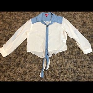 Knot tie mesh and denim crop top